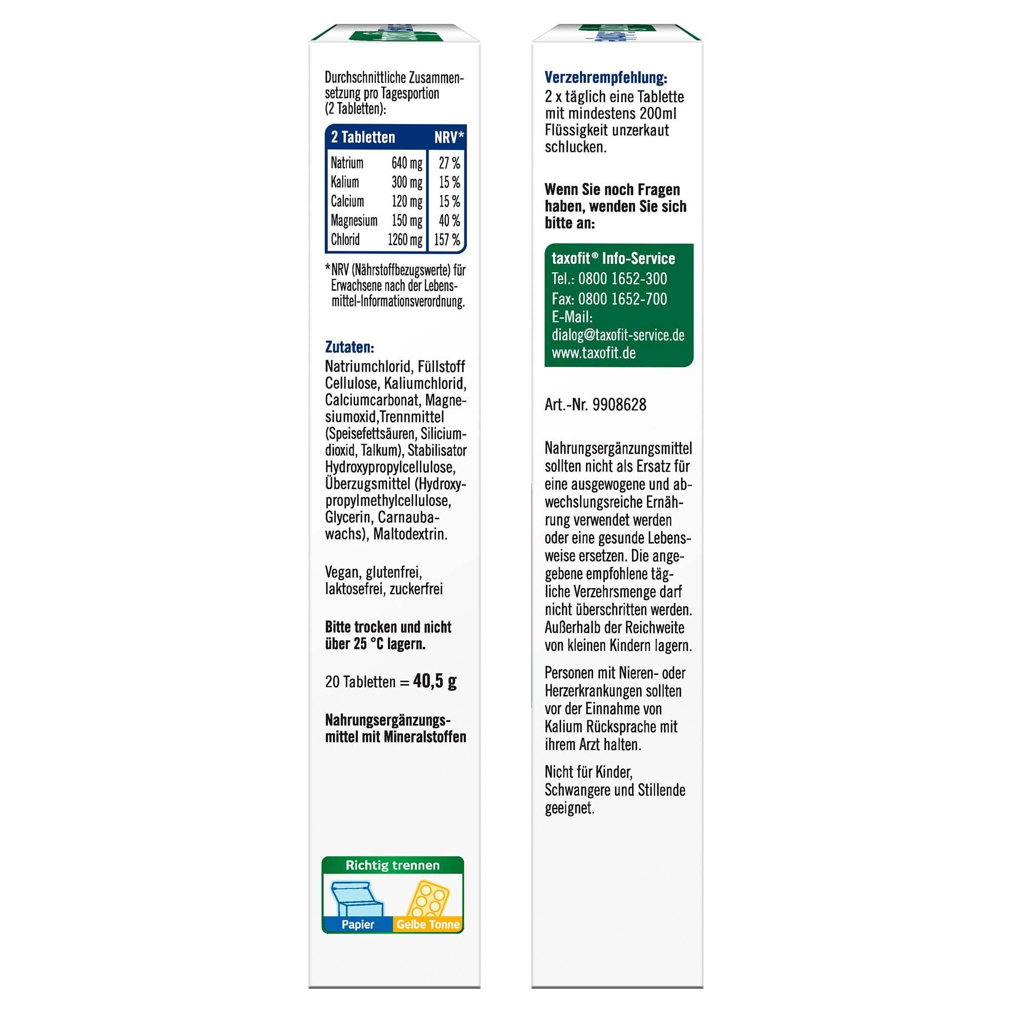 Seitenansicht der taxofit® Elektrolyte Tabletten Packung mit Nährwertangaben und Anwendungshinweisen.