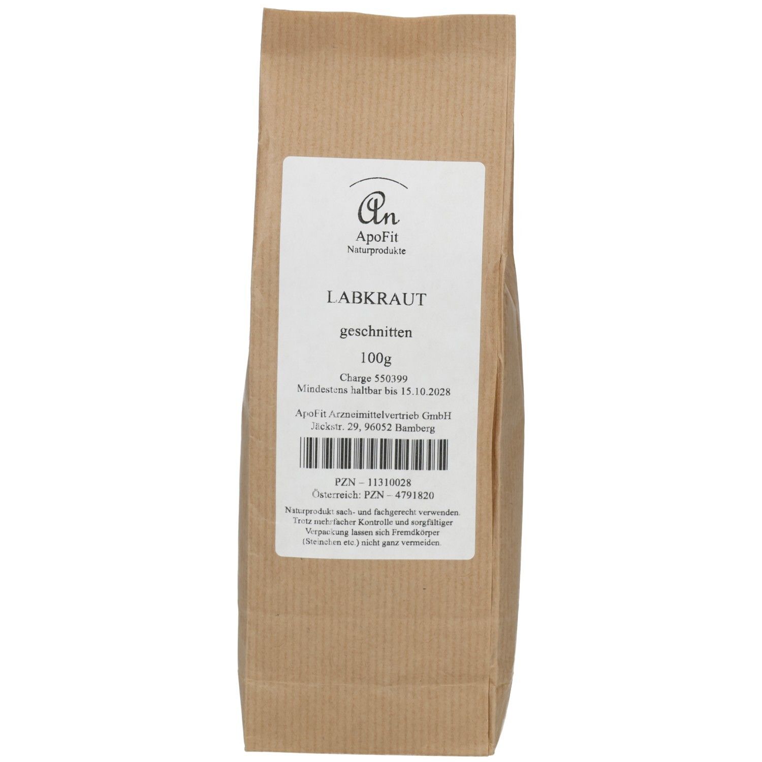 Braune Papiertüte mit weißem Etikett. Aufschrift: Labkraut geschnitten, 100g. ApoFit Naturprodukte.