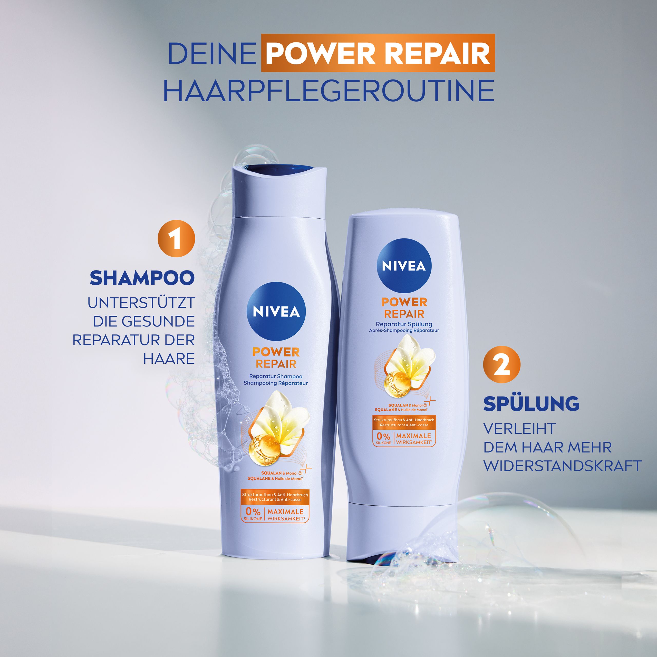 NIVEA Power Repair Shampoo und Spülung. Schritt 1: Shampoo, Schritt 2: Spülung für mehr Widerstandskraft.