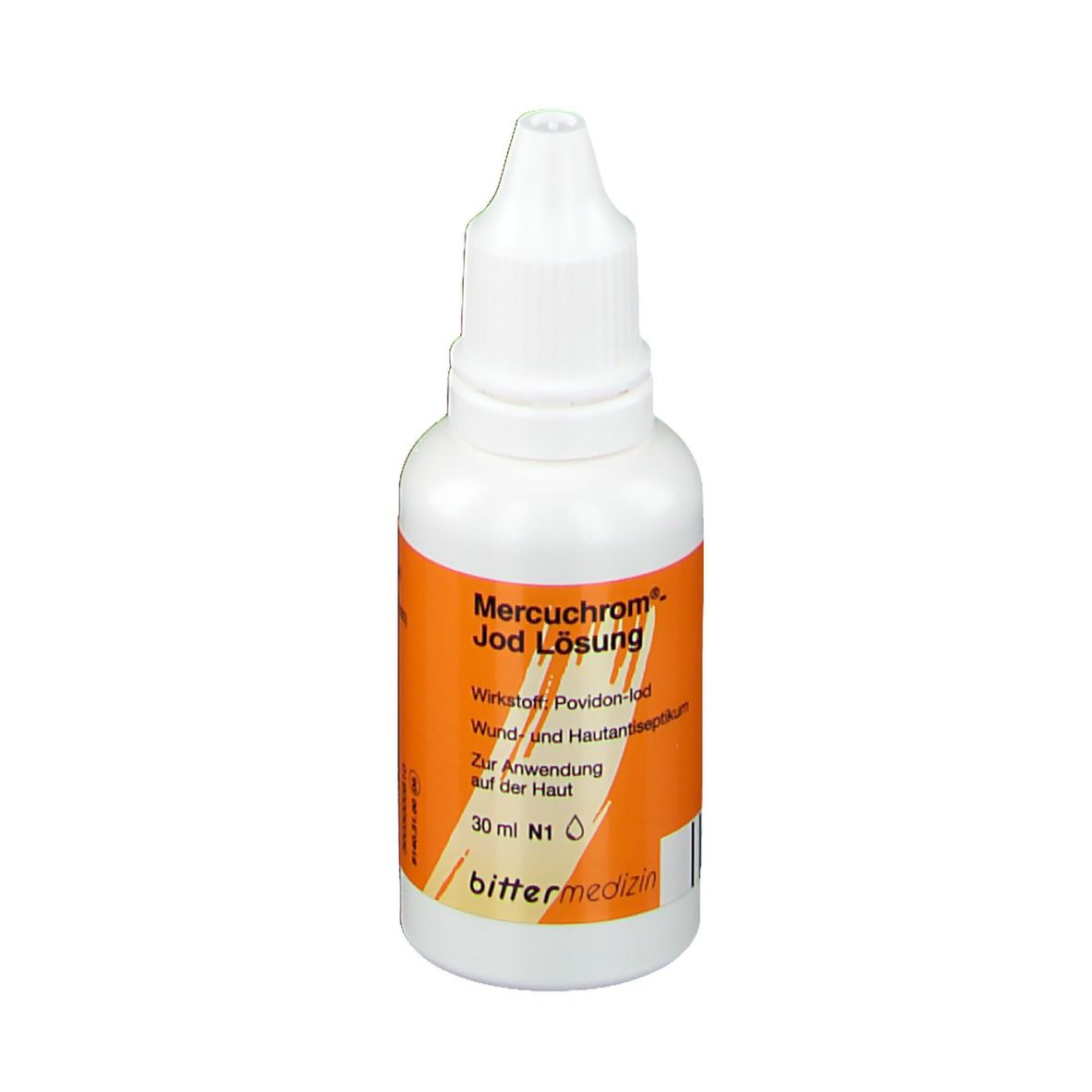 Weiße Flasche mit orangefarbenem Etikett. Beschriftung: Mercuchrom®-Jod Lösung. Tropfflasche.