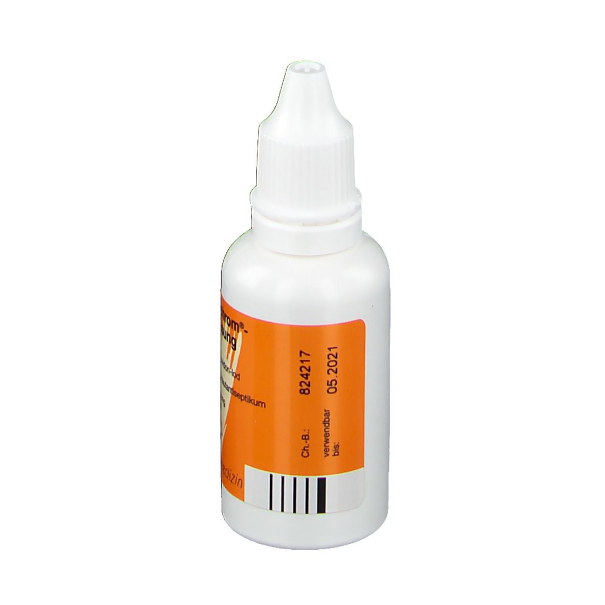 Weiße Flasche mit orangefarbenem Etikett. Barcode und Verfallsdatum: 05.2021. Tropfflasche.