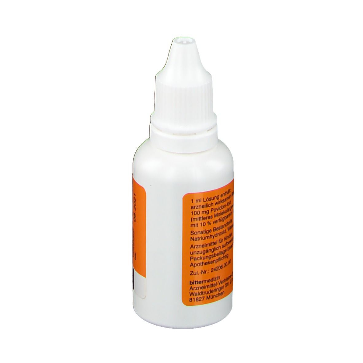 Weiße Flasche mit orangefarbenem Etikett. Auflistung der Inhaltsstoffe. Tropfflasche.