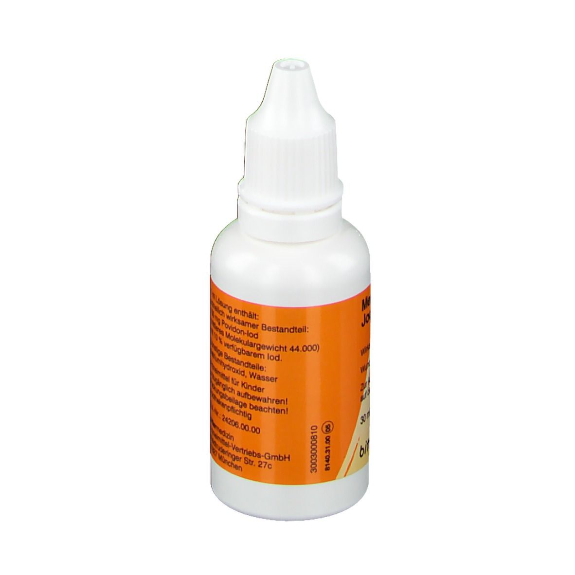 Weiße Flasche mit orangefarbenem Etikett. Auflistung der Inhaltsstoffe. Tropfflasche.