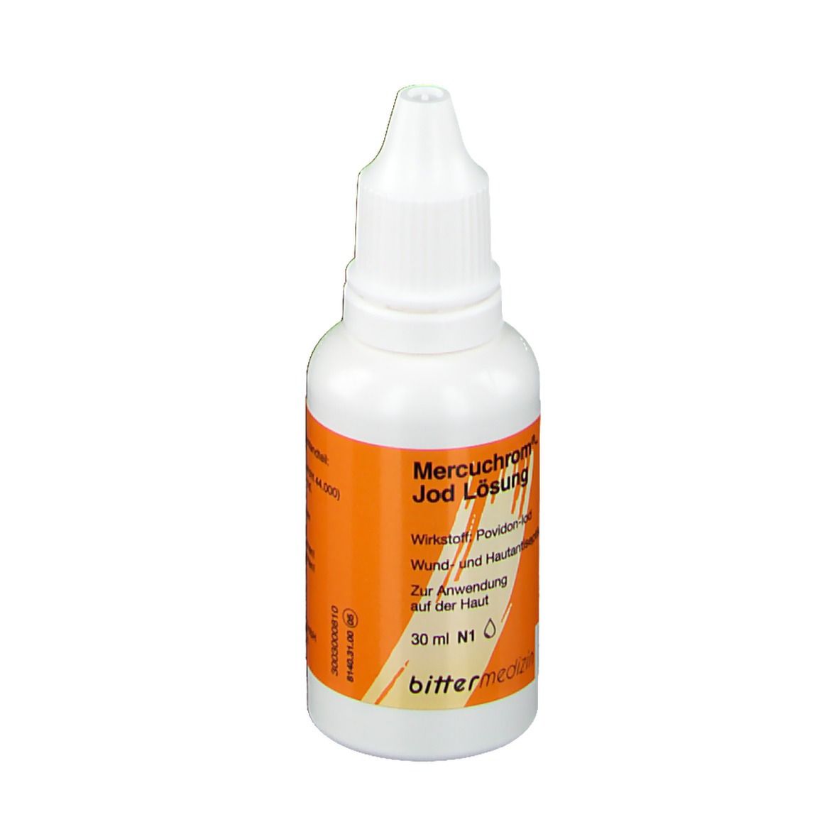 Weiße Flasche mit orangefarbenem Etikett. Beschriftung: Mercuchrom®-Jod Lösung. Tropfflasche.