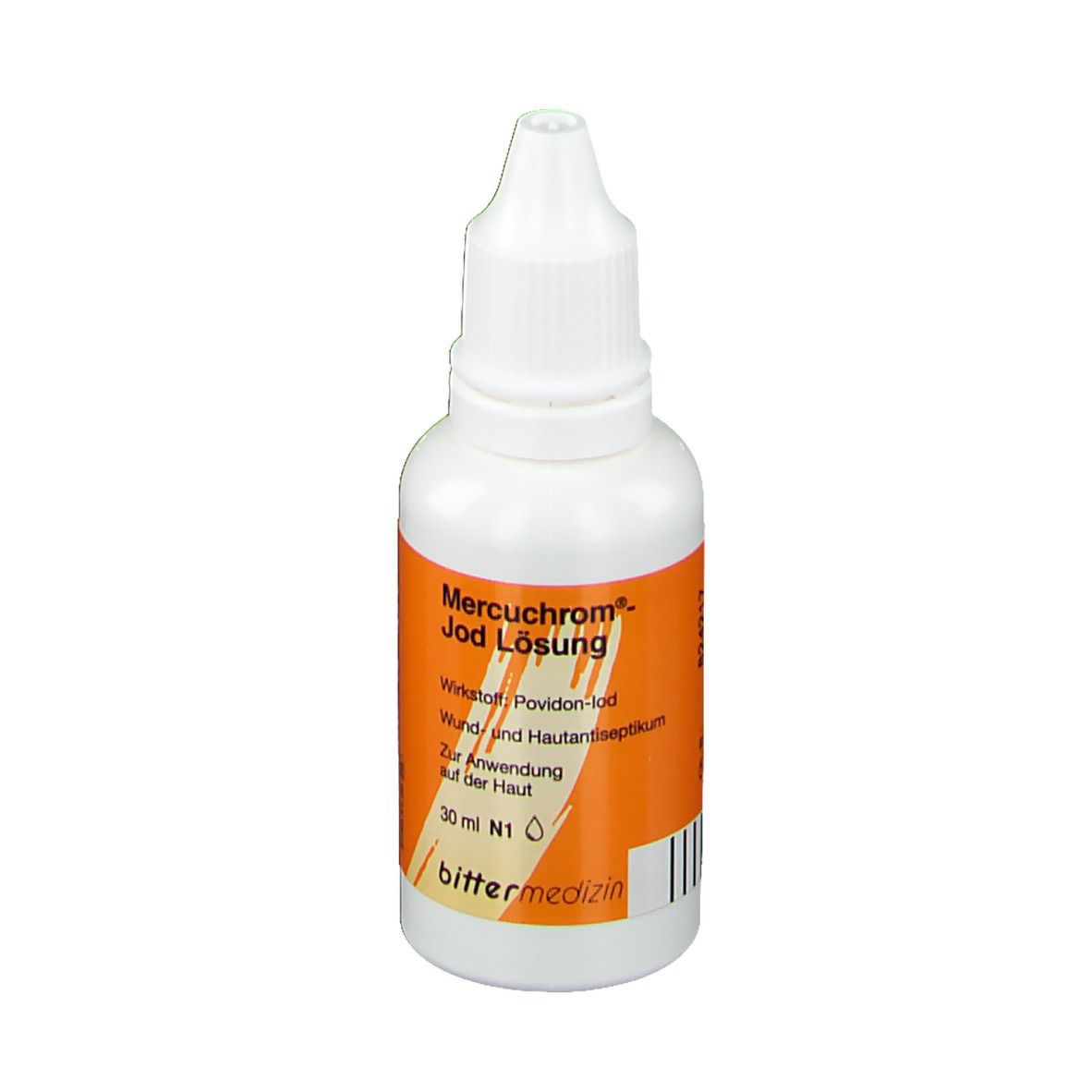 Weiße Flasche mit orangefarbenem Etikett. Beschriftung: Mercuchrom®-Jod Lösung. Tropfflasche.