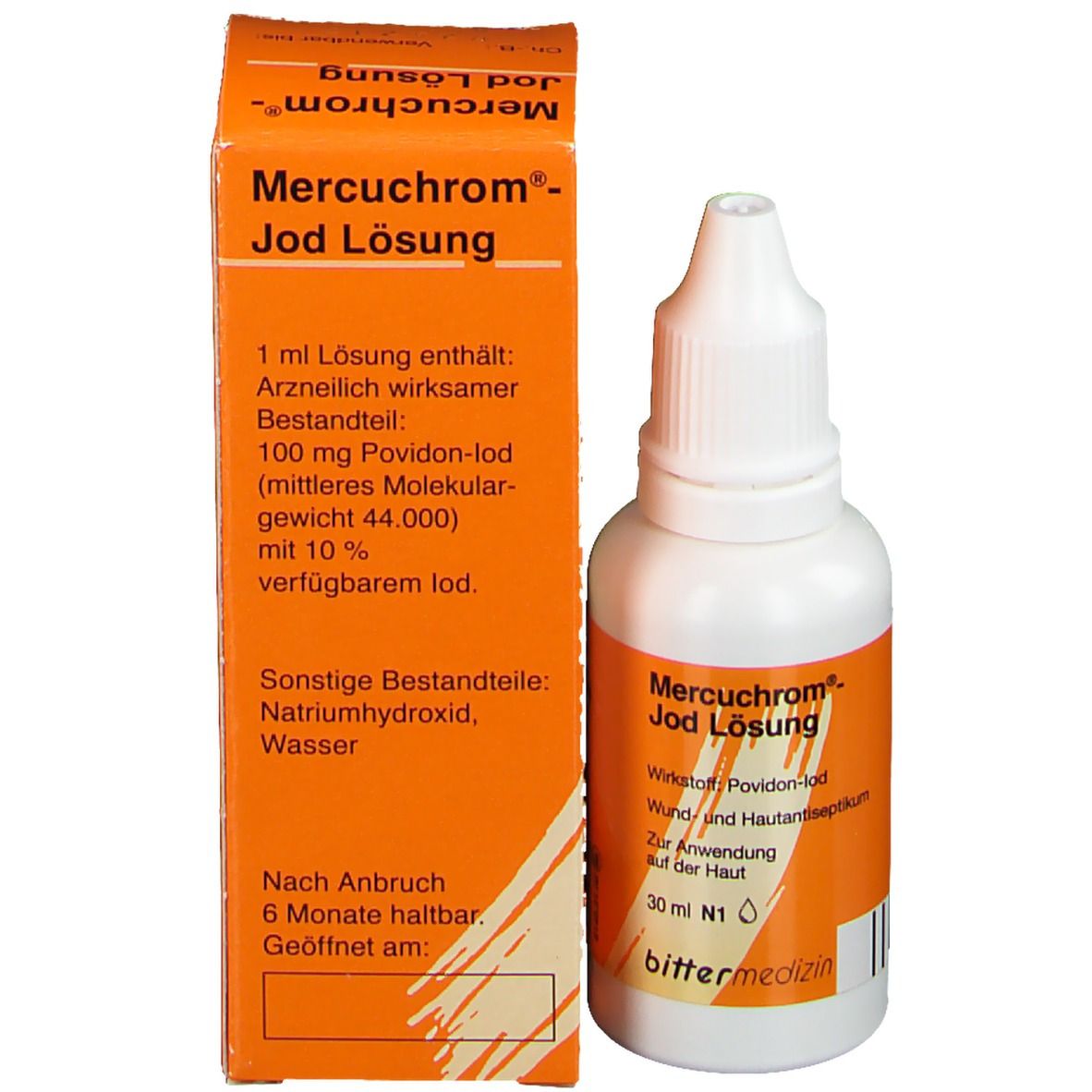 Produktverpackung mit Flasche. Orangefarbener Karton mit weißer Flasche. Beschriftung: Mercuchrom®-Jod Lösung.