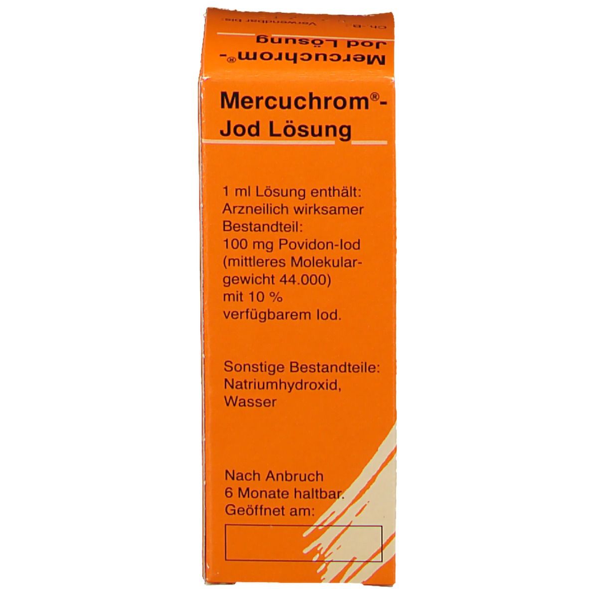 Orangefarbener Karton mit Produktinformationen. Beschriftung: Mercuchrom®-Jod Lösung. Text.