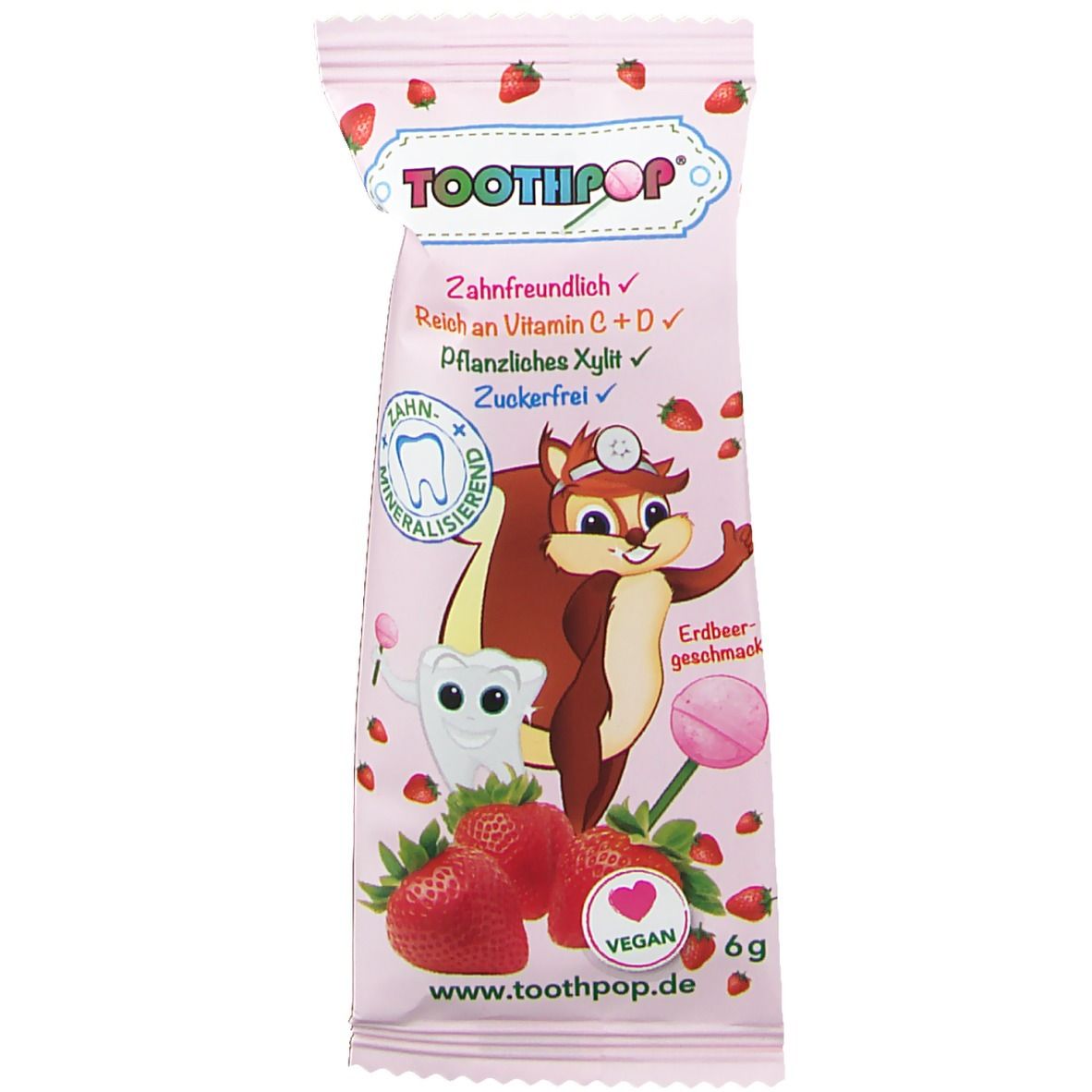 Rosa Verpackung mit Erdbeeren und Cartoon-Eichhörnchen. Text: "Toothpop", "Zahnfreundlich", "Vegan".