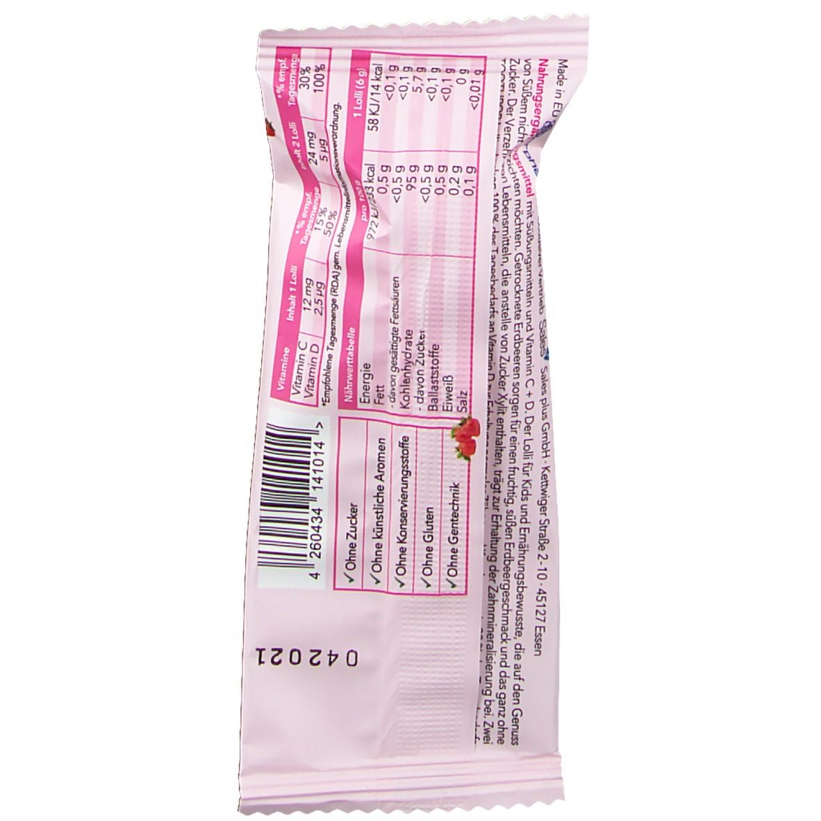 Rückseite der rosa Verpackung mit Nährwertangaben und Inhaltsstoffen. Barcode und Text.