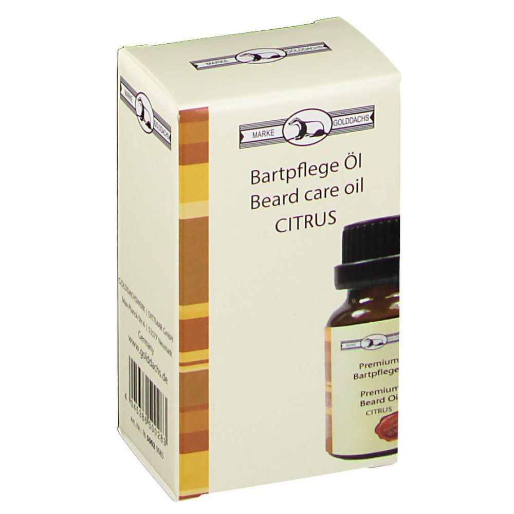 Karton mit Bartpflegeöl-Flasche. Aufschrift: Bartpflege Öl Citrus. Marke GOLDDACHS.