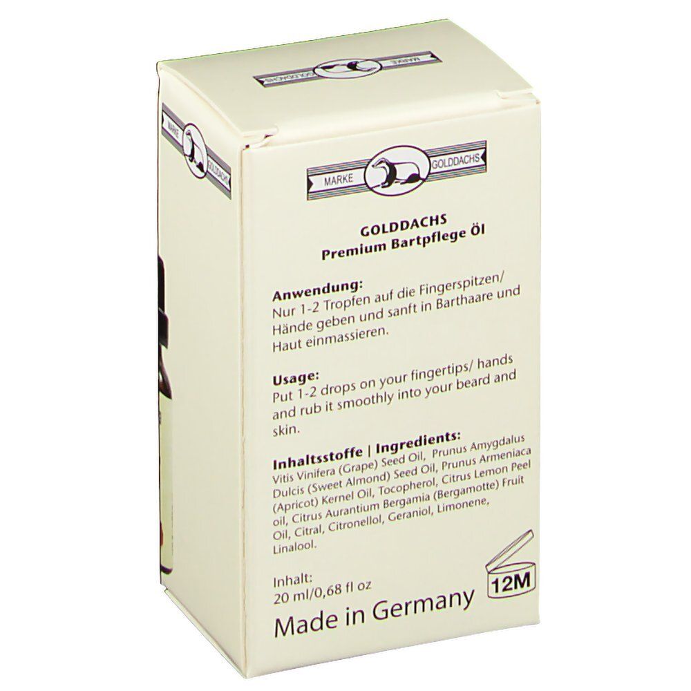 Karton mit Produktinformationen. Aufschrift: GOLDDACHS Premium Bartpflege Öl. Inhaltsstoffe und Anwendung.