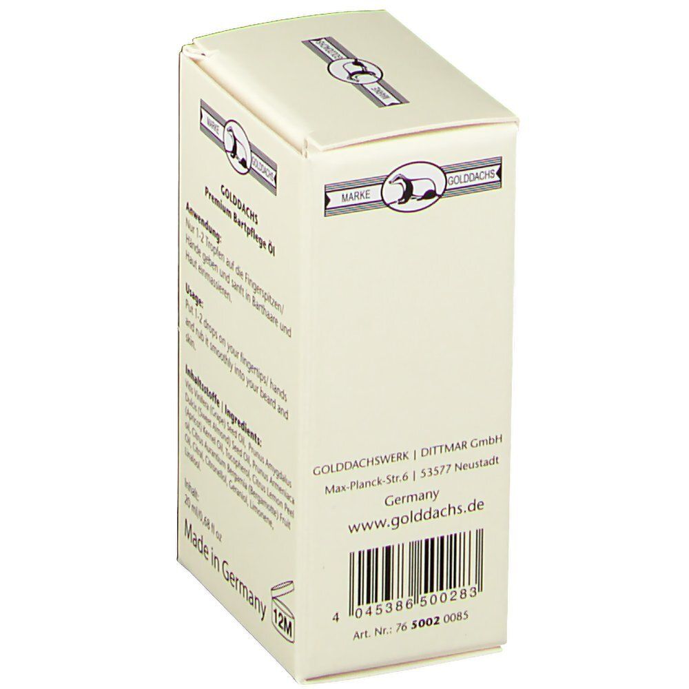 Karton mit Produktinformationen. Aufschrift: GOLDDACHS Premium Bartpflege Öl. Herstellerinformationen und Barcode.