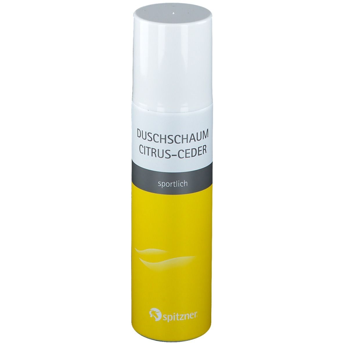 Gelb-weiße Sprühflasche mit Aufschrift Duschschaum Citrus-Ceder und sportlich. Spitzner Logo.