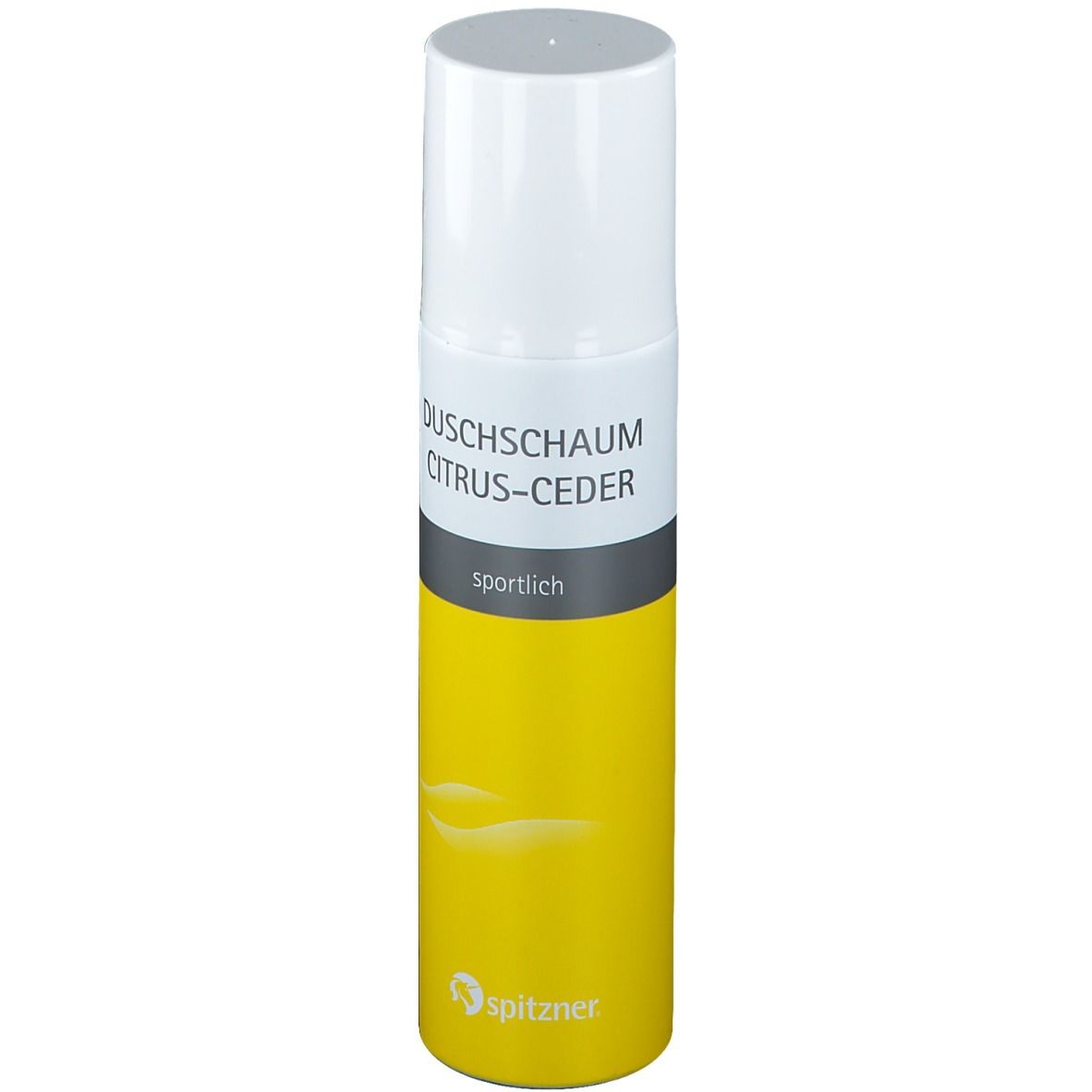 Gelb-weiße Sprühflasche mit Aufschrift Duschschaum Citrus-Ceder und sportlich. Spitzner Logo.