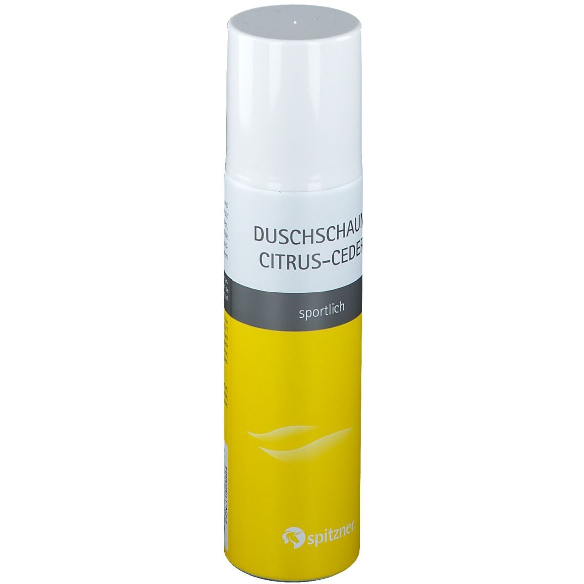 Gelb-weiße Sprühflasche mit Aufschrift Duschschaum Citrus-Ceder und sportlich. Spitzner Logo.