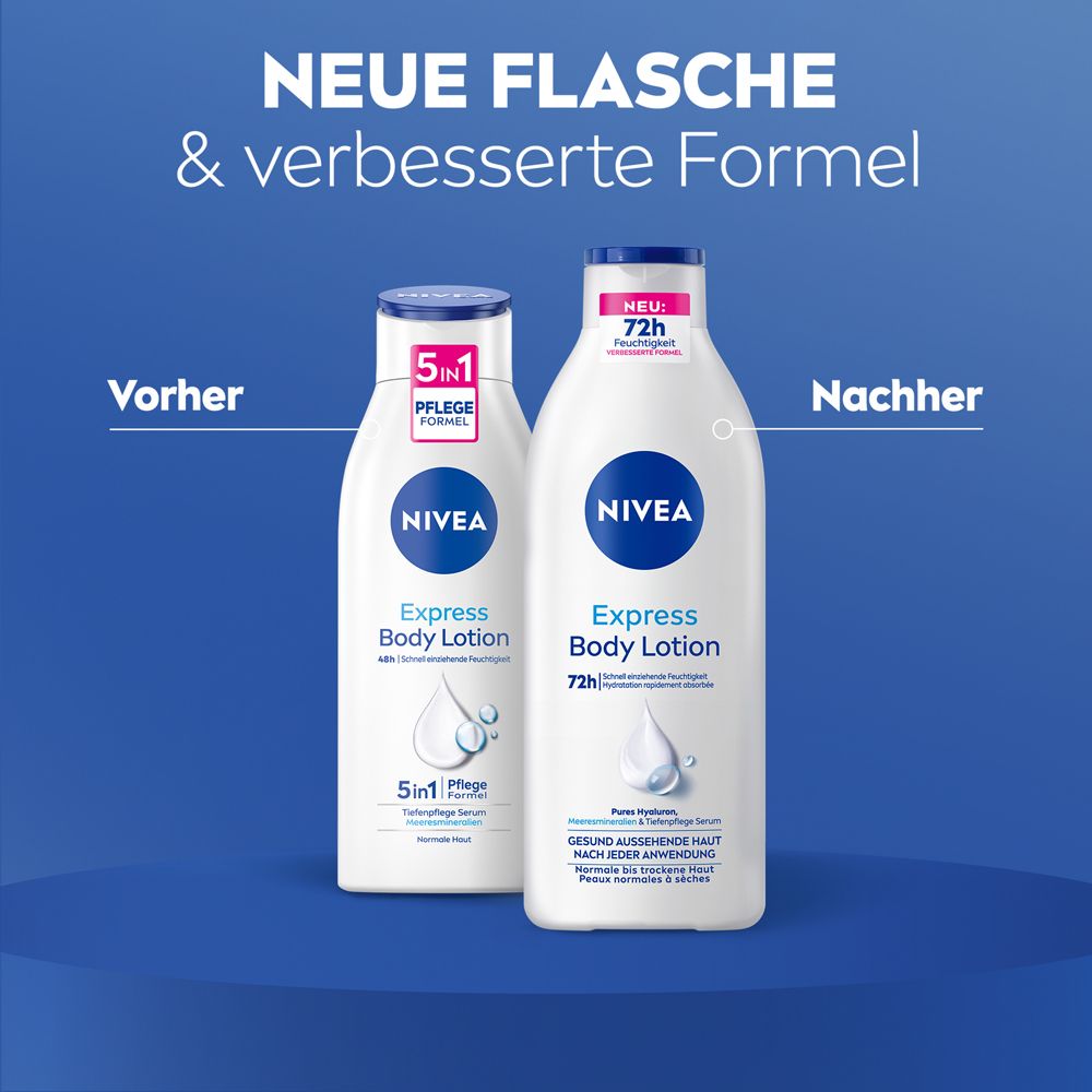 Vergleich von NIVEA Express Body Lotion Flaschen: Alte und neue Version mit verbesserter Formel.