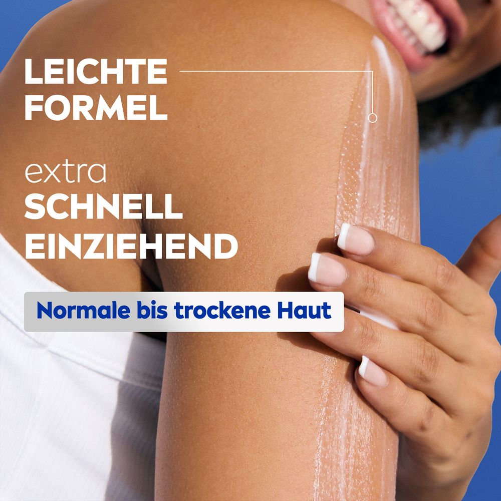 Arm einer Person mit aufgetragener NIVEA Express Body Lotion. Leichte, schnell einziehende Formel.