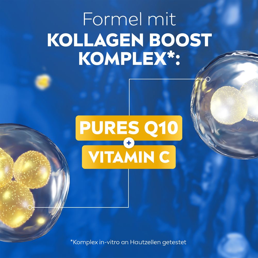 Abstrakte Darstellung von Hautzellen und der Formel "PUURES Q10 + VITAMIN C" für NIVEA Body Lotion.