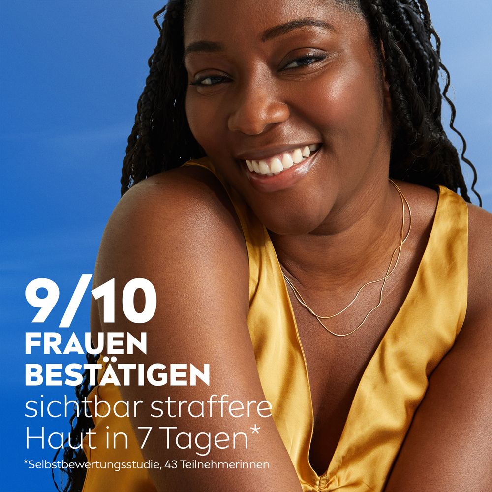 Rückseite einer weißen Flasche NIVEA Body Lotion Straffend Q10 mit detaillierten Produktinformationen.