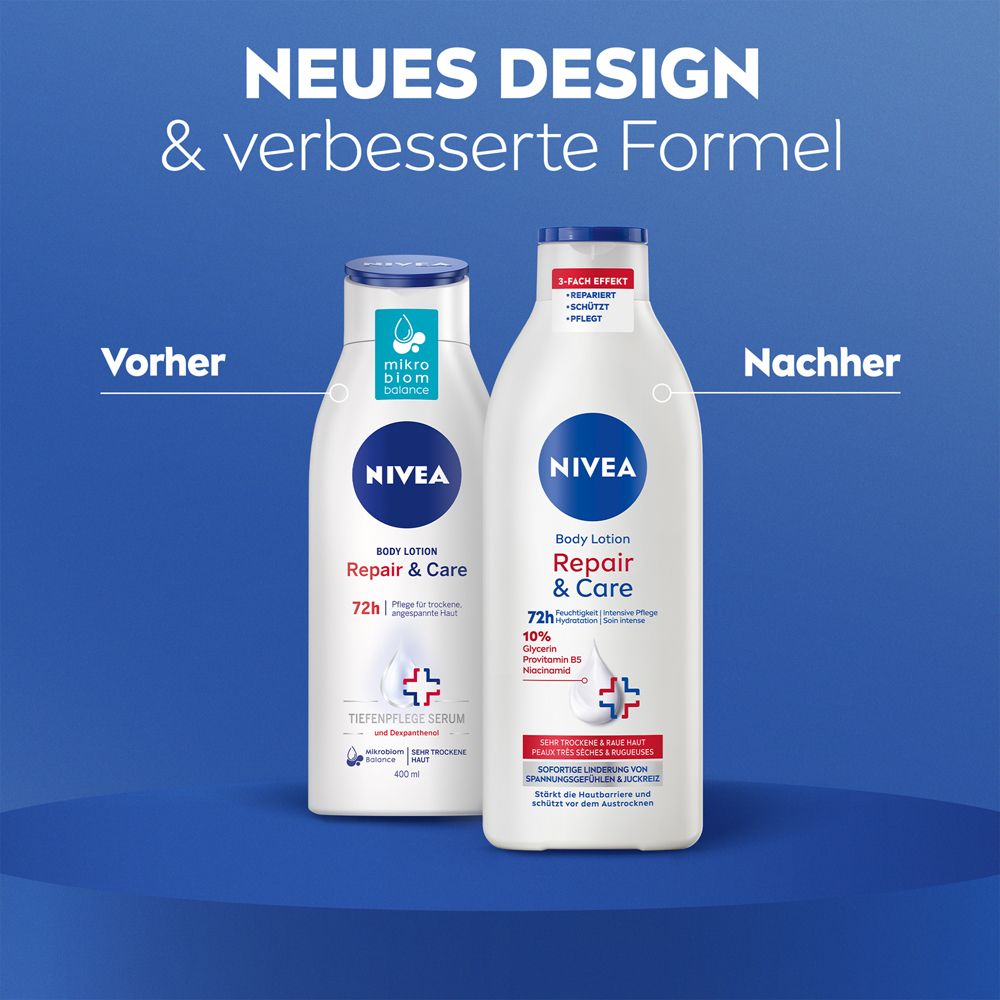 Vergleich NIVEA Body Lotion Repair & Care: Vorherige und neue Formel. Neues Design & verbesserte Formel.