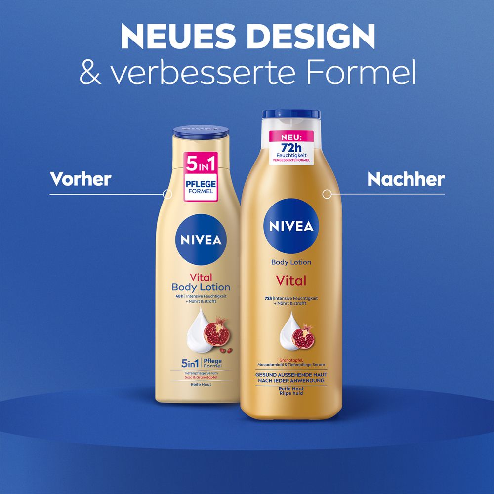 Vergleich von NIVEA Vital Body Lotion: Vorher (5in1 Pflege Formel) und Nachher (neues Design, verbesserte Formel).