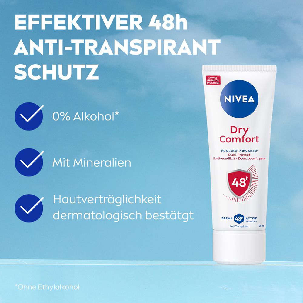 NIVEA Dry Comfort Tube: 0% Alkohol, mit Mineralien, dermatologisch bestätigt. 48h Anti-Transpirant Schutz.