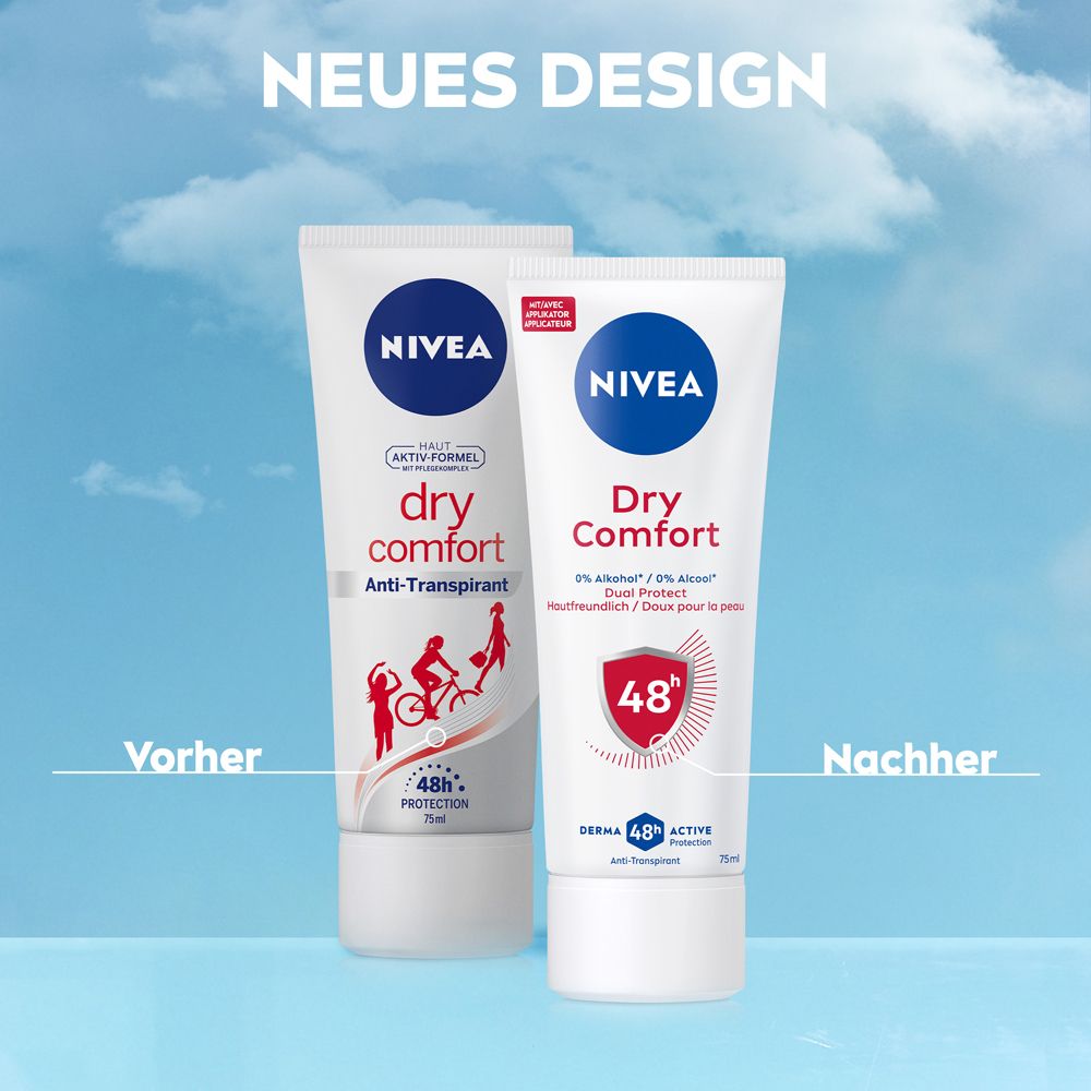 Vergleich der alten und neuen NIVEA Dry Comfort Deodorant Tube Designs.