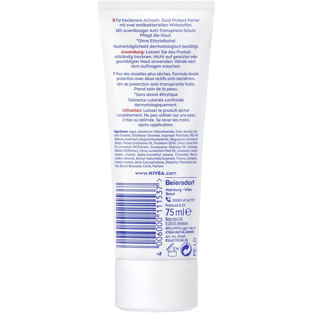 Rückseite NIVEA Dry Comfort Tube: Inhaltsstoffe, Anwendungshinweise und 75ml Angabe.