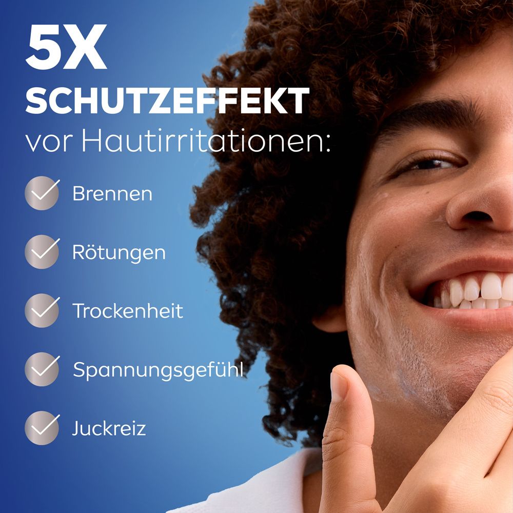 Nahaufnahme eines Mannes mit Text über 5x Schutzeffekt gegen Hautirritationen: Brennen, Rötungen, Trockenheit.