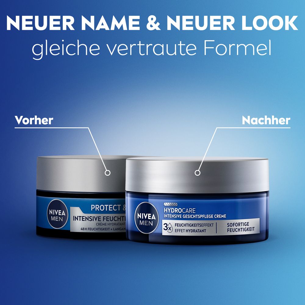 Vergleich von NIVEA MEN Protect & Care und Hydro Care Gesichtscreme Tiegeln.
