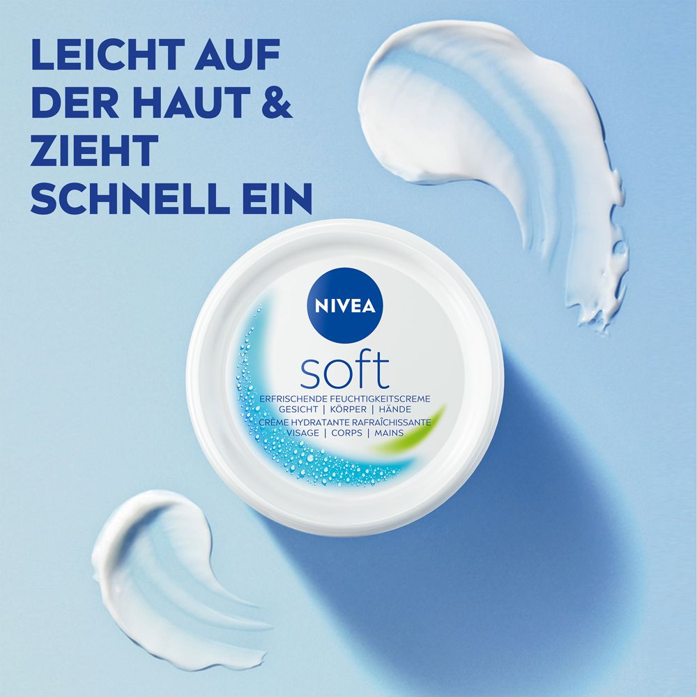 NIVEA Soft Dose umgeben von Cremetupfern und Text "Leicht auf der Haut & zieht schnell ein".