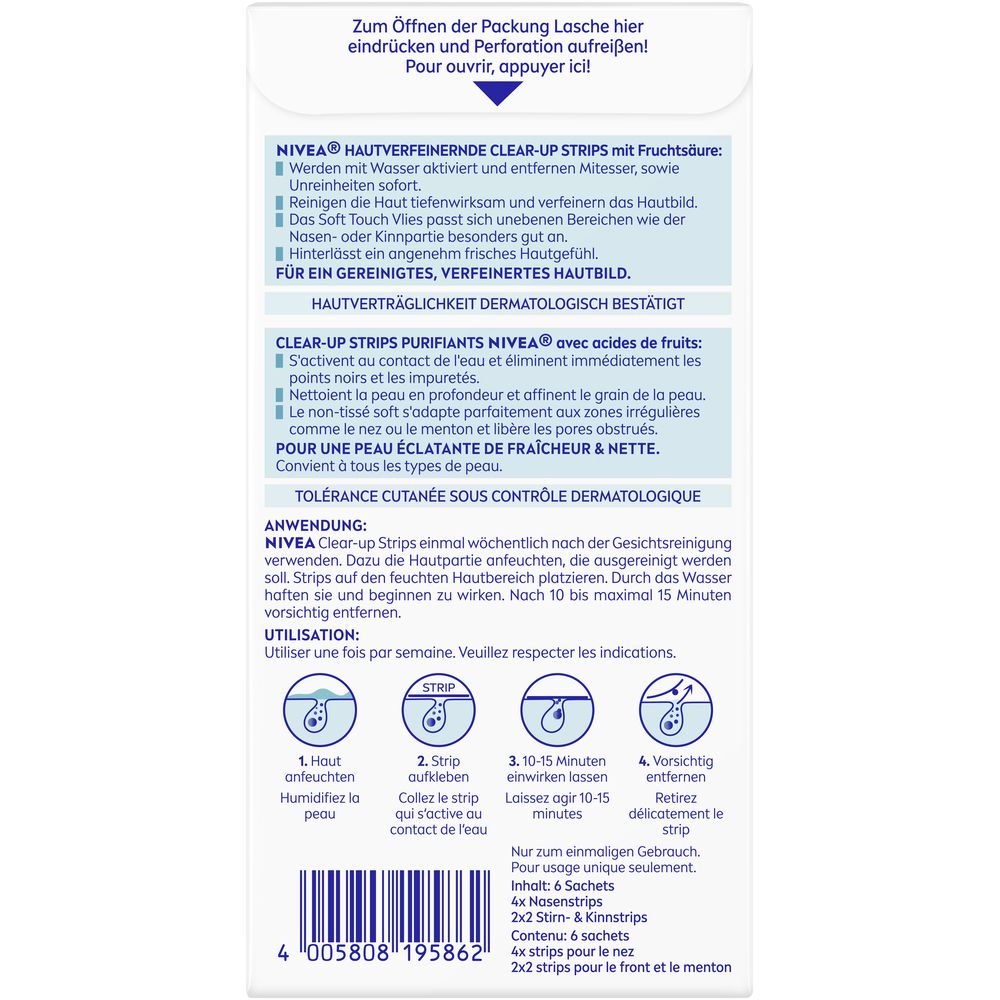 Rückseite der NIVEA Clear-Up Strips Packung mit Anwendungshinweisen und Inhaltsangaben.