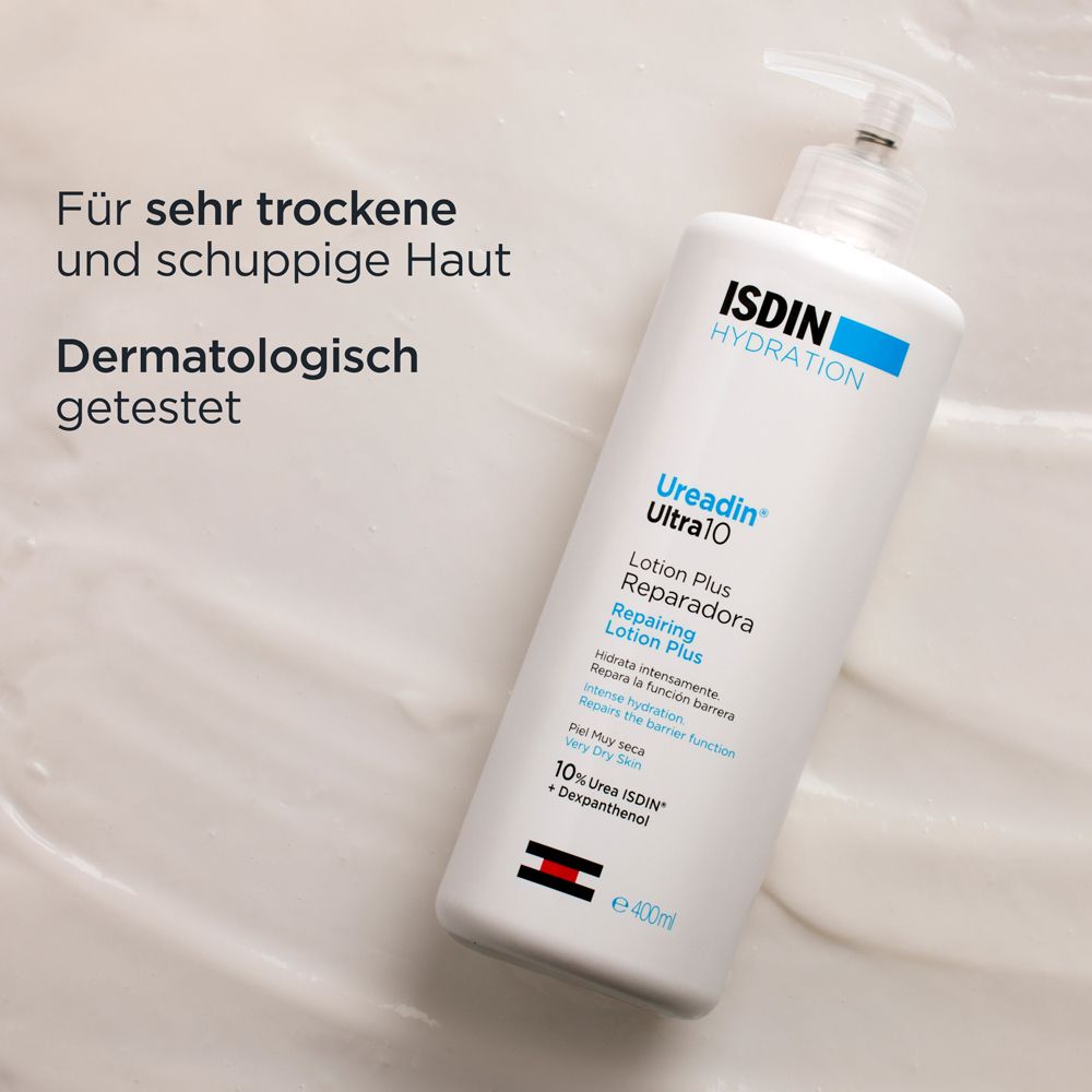 ISDIN Ureadin Ultra10 Lotion. Text: Für sehr trockene und schuppige Haut. Dermatologisch getestet.