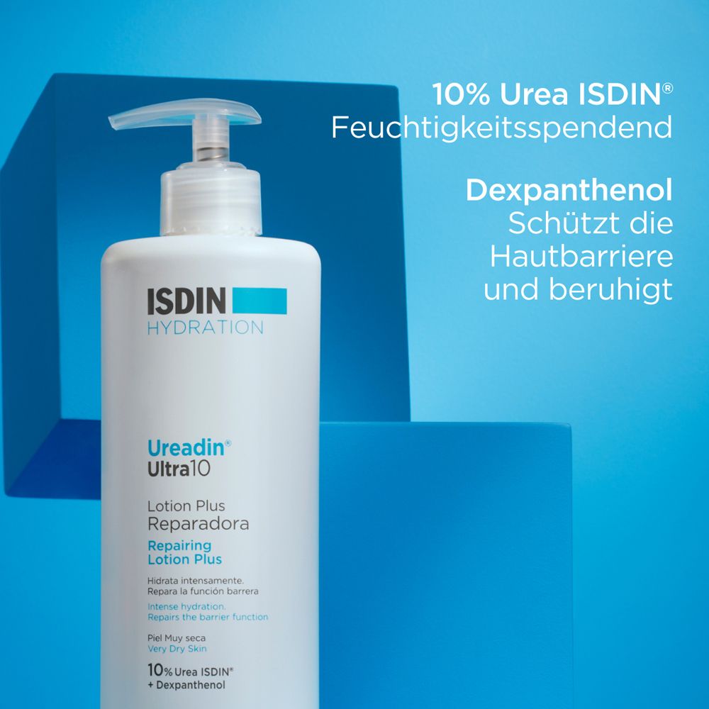 ISDIN Ureadin Ultra10 Lotion. Text: 10% Urea ISDIN, Dexpanthenol. Auf blauem Hintergrund.