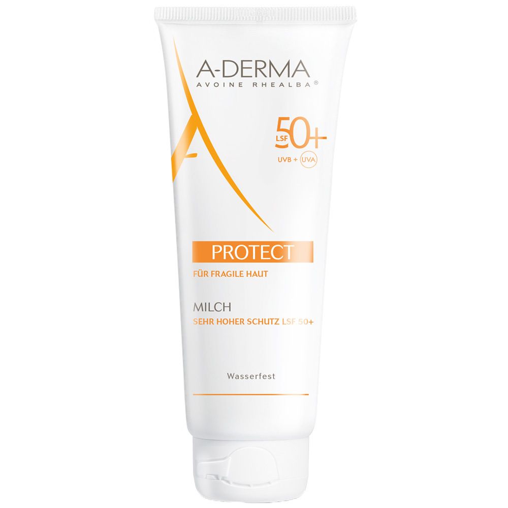 Weisse Tube mit A-Derma-Logo und Aufschrift PROTECT. Enthält Milch, sehr hoher Schutz LSF 50+. Wasserfest.