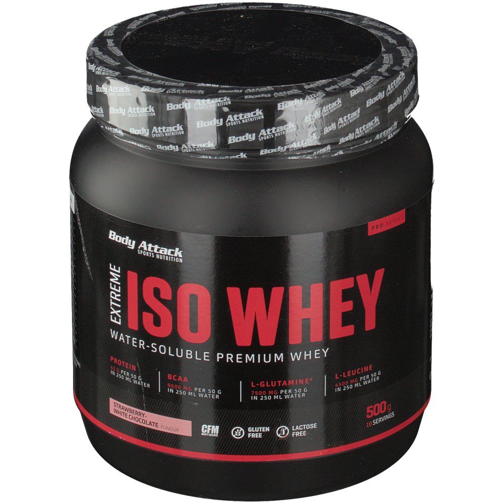 Schwarze Dose mit roter Schrift. Aufschrift: ISO Whey, Erdbeer-Weiße Schokolade. 500g, 50 Portionen. Glutenfrei.