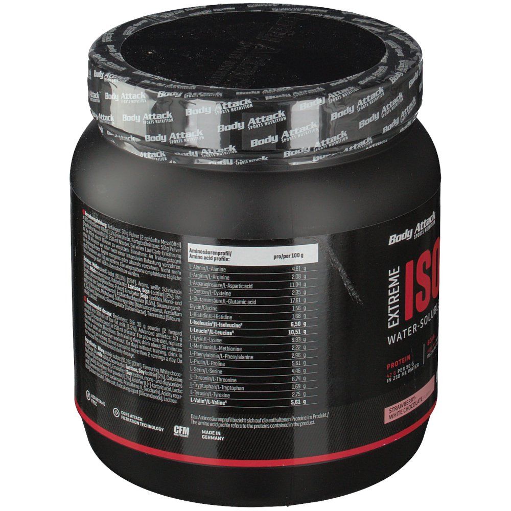 Schwarze Dose, Rückseite mit Aminosäureprofil. Text in Deutsch. Informationen zu Aminosäuren pro Portion.