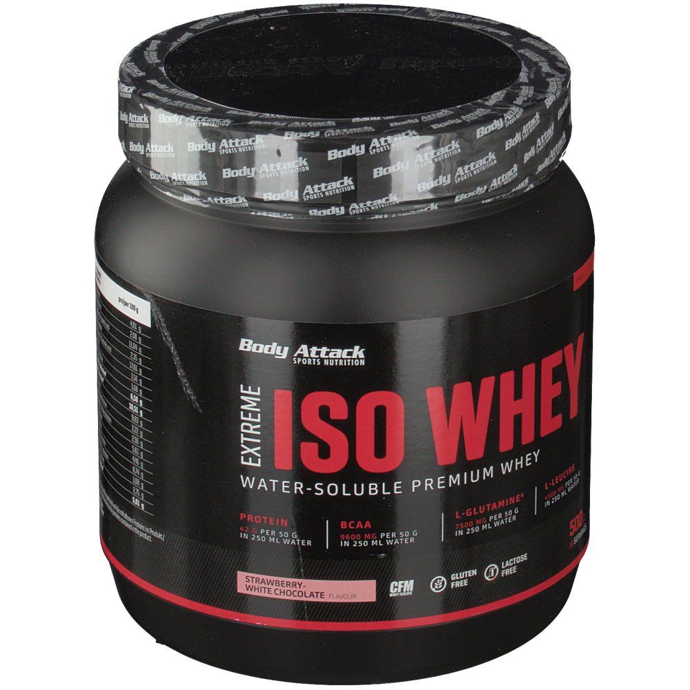 Schwarze Dose mit roter Schrift. Aufschrift: ISO Whey, Erdbeer-Weiße Schokolade. 500g, 50 Portionen. Glutenfrei.