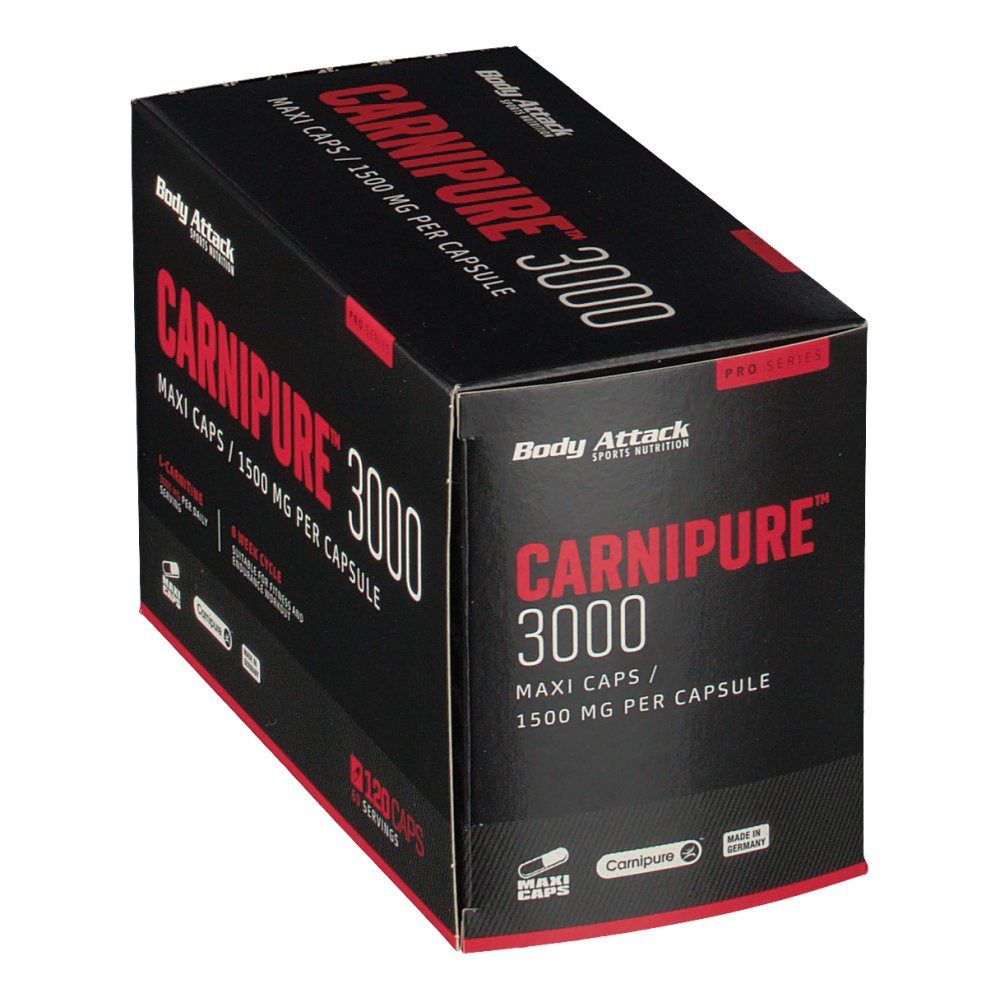 Schwarze Box mit roter Schrift. Aufschrift: Carnipure 3000, Maxi Caps, 1500 mg pro Kapsel. Marke: Body Attack. Perspektivische Ansicht.