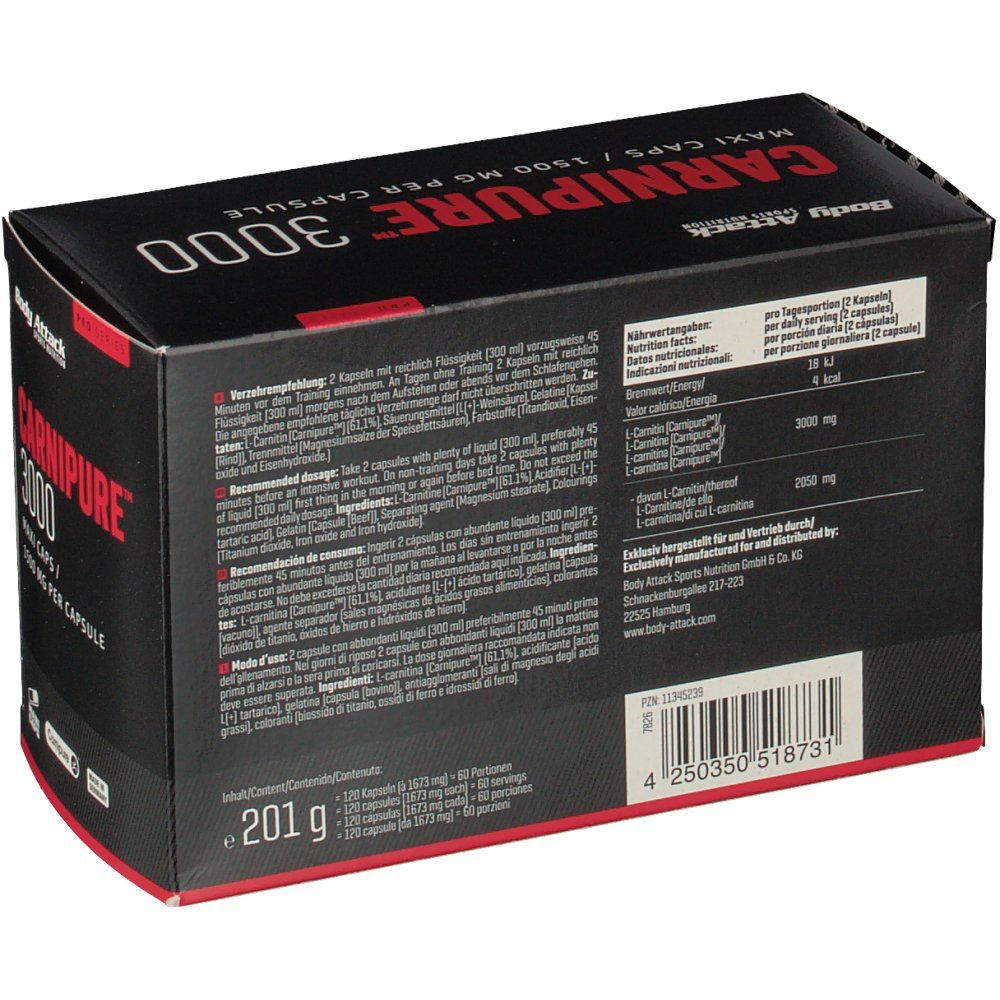 Rückseite der schwarzen Box. Text in mehreren Sprachen. Aufschrift: Carnipure 3000. Nährwertangaben. Herstellerinformationen. Gewicht: 201g.