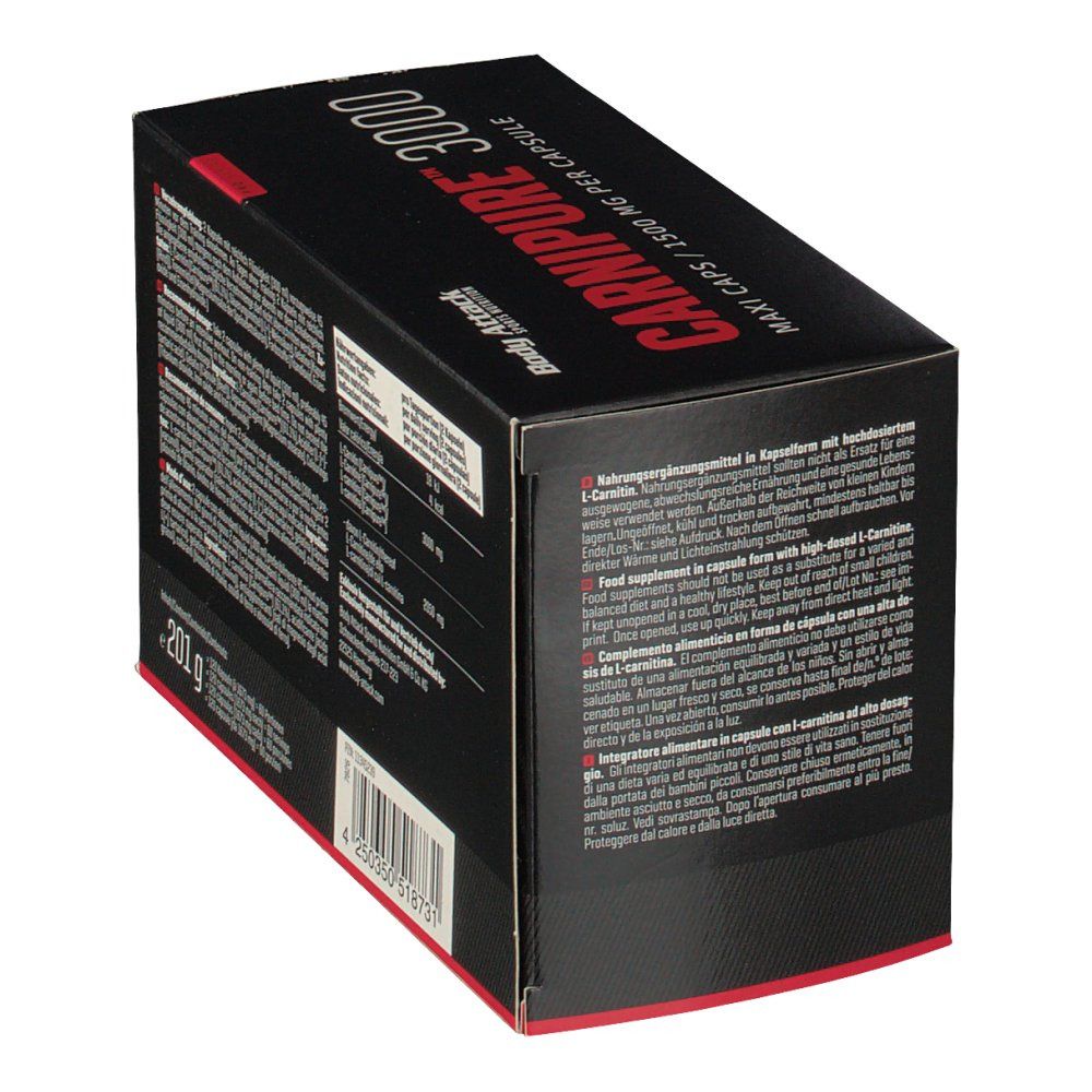 Seitenansicht der schwarzen Box. Text in mehreren Sprachen. Aufschrift: Carnipure 3000. Herstellerinformationen. Gewicht: 201g.