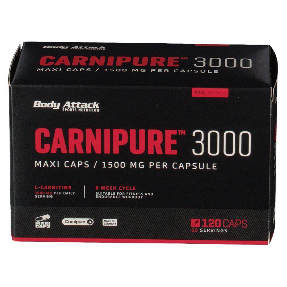 Schwarze Box mit roter Schrift. Aufschrift: Carnipure 3000, Maxi Caps, 1500 mg pro Kapsel. 120 Kapseln. Marke: Body Attack. Perspektivische Ansicht.