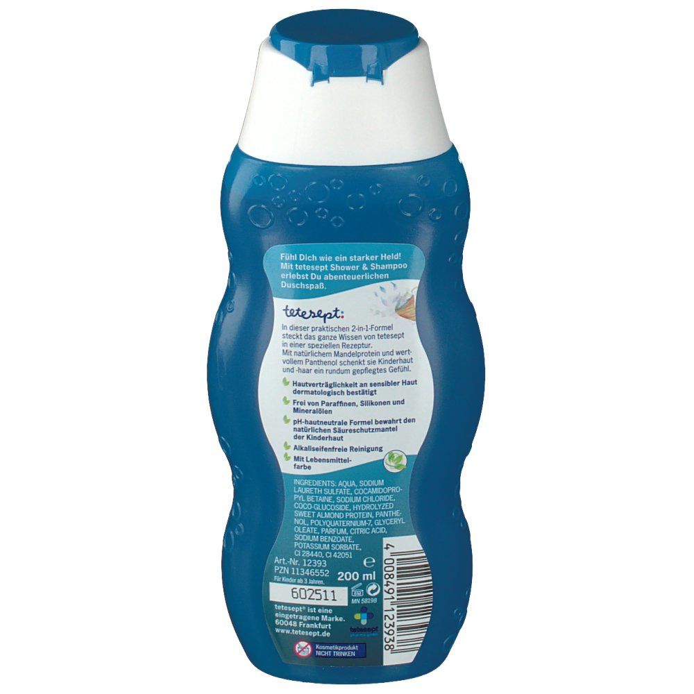 Rückseite der blauen Flasche tetesept® Shower & Shampoo Starker Held. Textinformationen und Inhaltsstoffe.