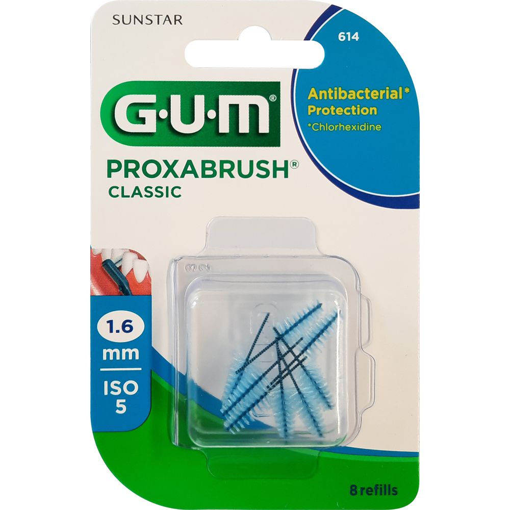 Verpackung mit GUM PROXABRUSH CLASSIC. 1,6 mm Bürstenköpfe in transparentem Behälter. 8 Nachfüllpackungen. Antibakterieller Schutz.