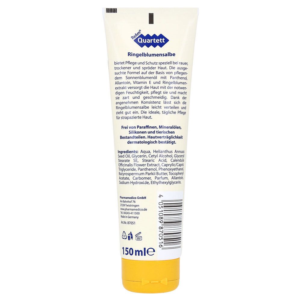 Rückseite Tube Ringelblumensalbe. Text: Produktbeschreibung, Inhaltsstoffe, Herstellerinformationen, Chargennummer, Haltbarkeit, 150ml.