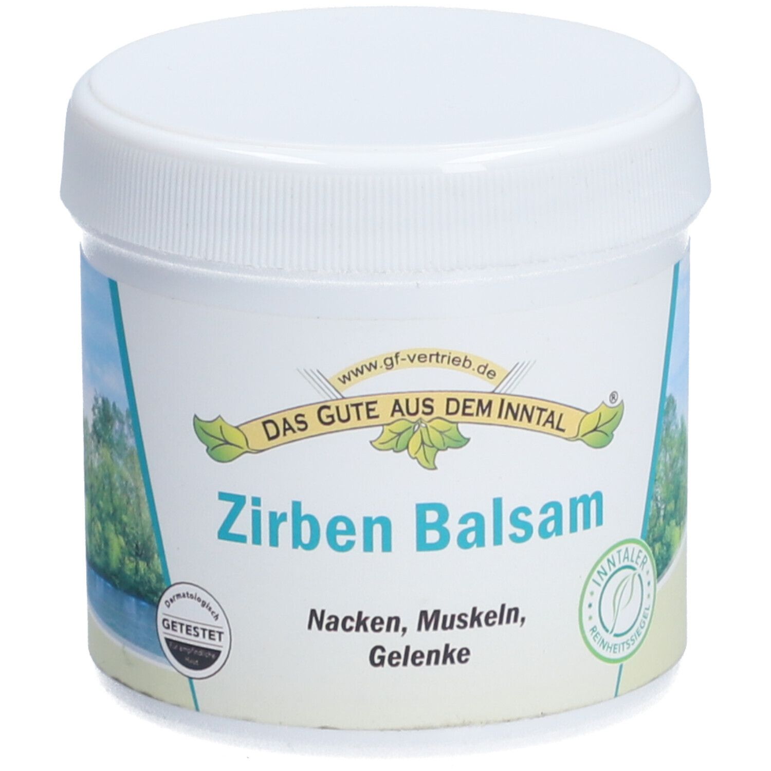 Weißes Tiegel mit Aufschrift Zirben Balsam. Text: Nacken, Muskeln, Gelenke. Logo: Inntaler Reinheitssiegel.