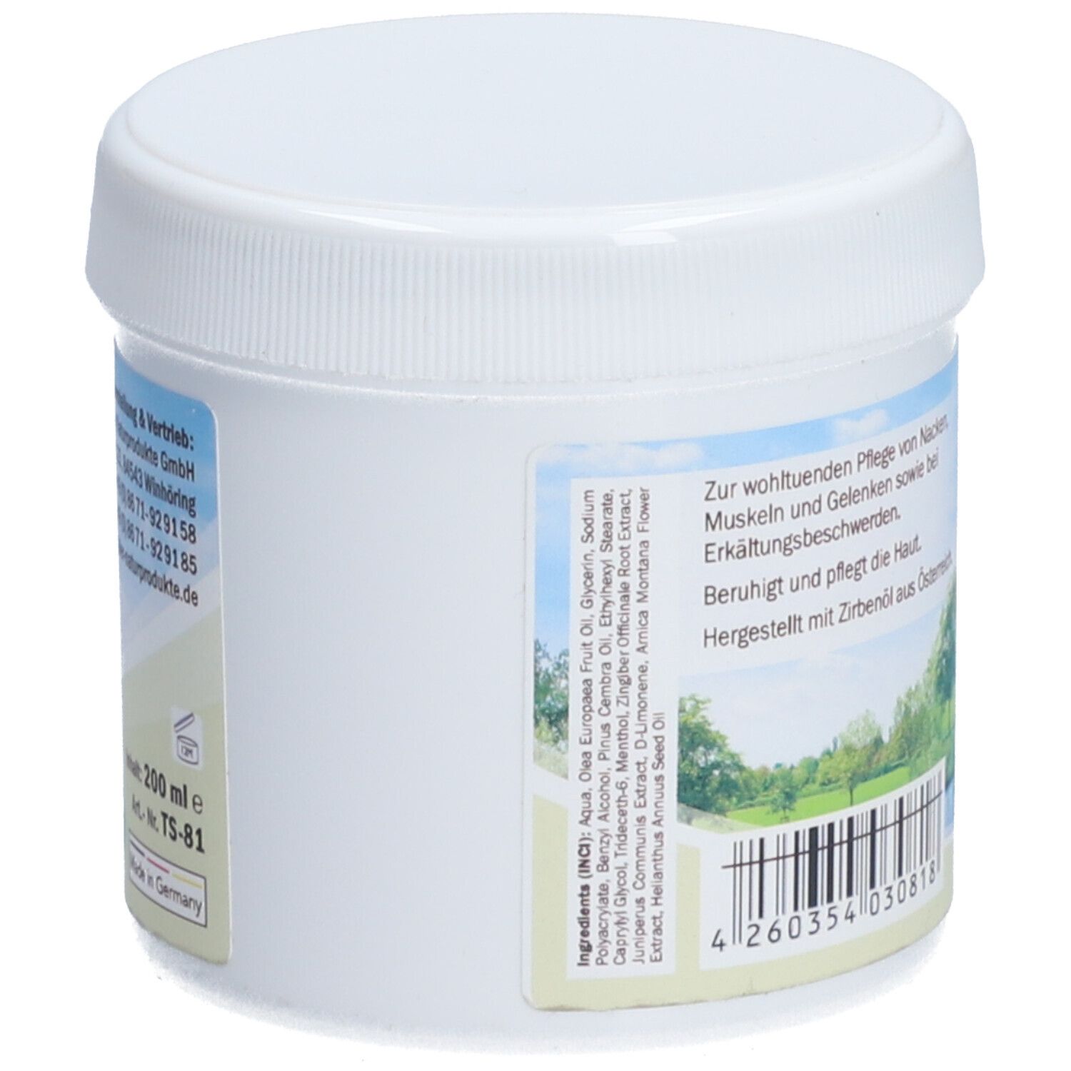 Weißes Tiegel mit Text. Text: Inhaltsstoffe, 200 ml. Landschaftsdarstellung. Barcode. Hergestellt in Deutschland.