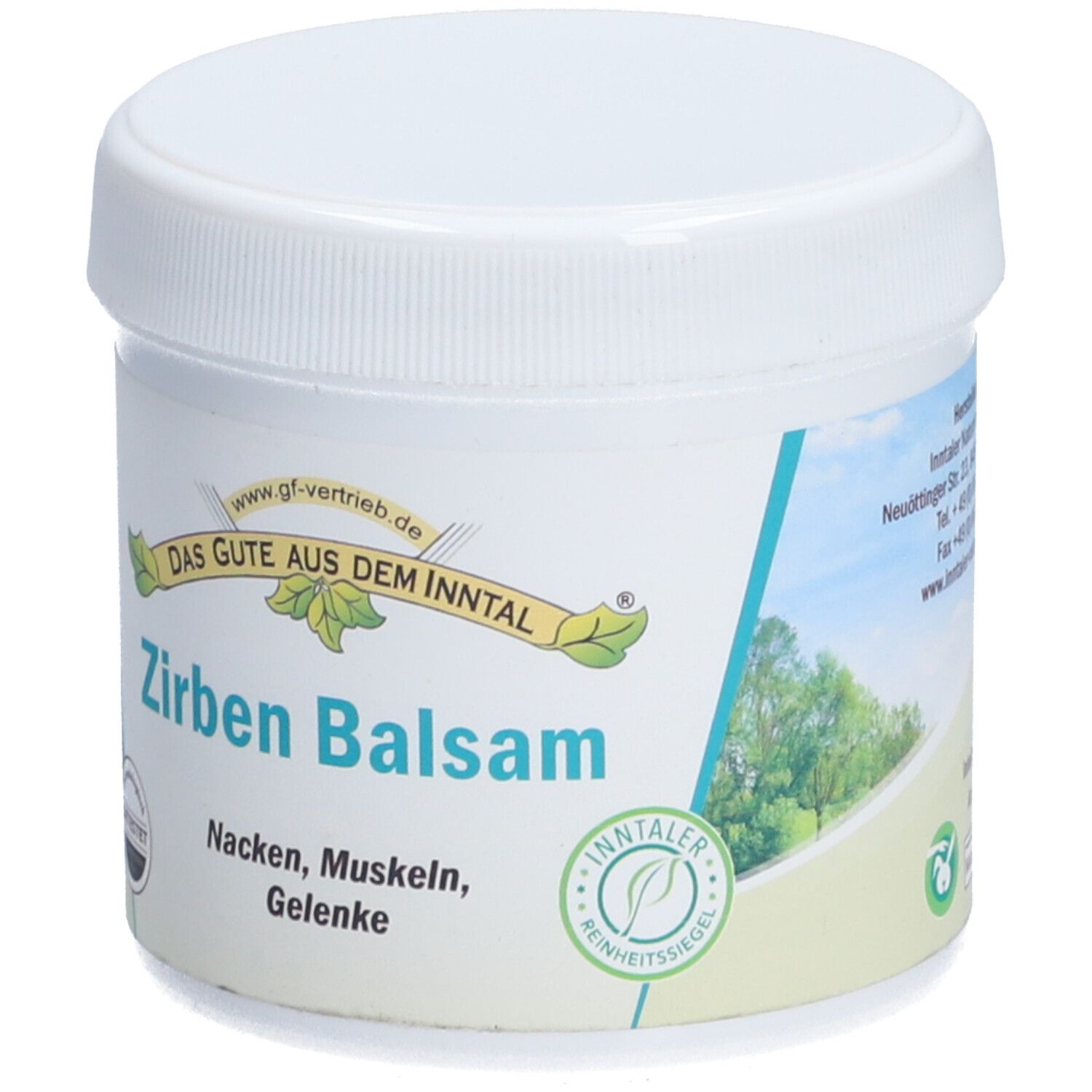 Weißes Tiegel mit Aufschrift Zirben Balsam. Text: Nacken, Muskeln, Gelenke. Logo: Inntaler Reinheitssiegel.