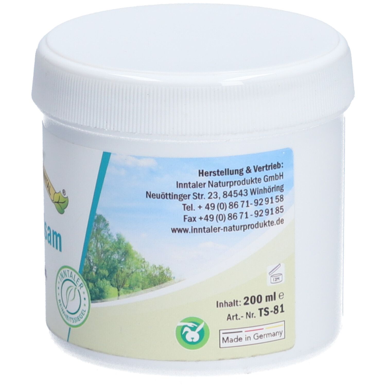 Weißes Tiegel mit Text. Text: 200 ml, Made in Germany. Logo: Inntaler Reinheitssiegel. Herstellerinformationen.