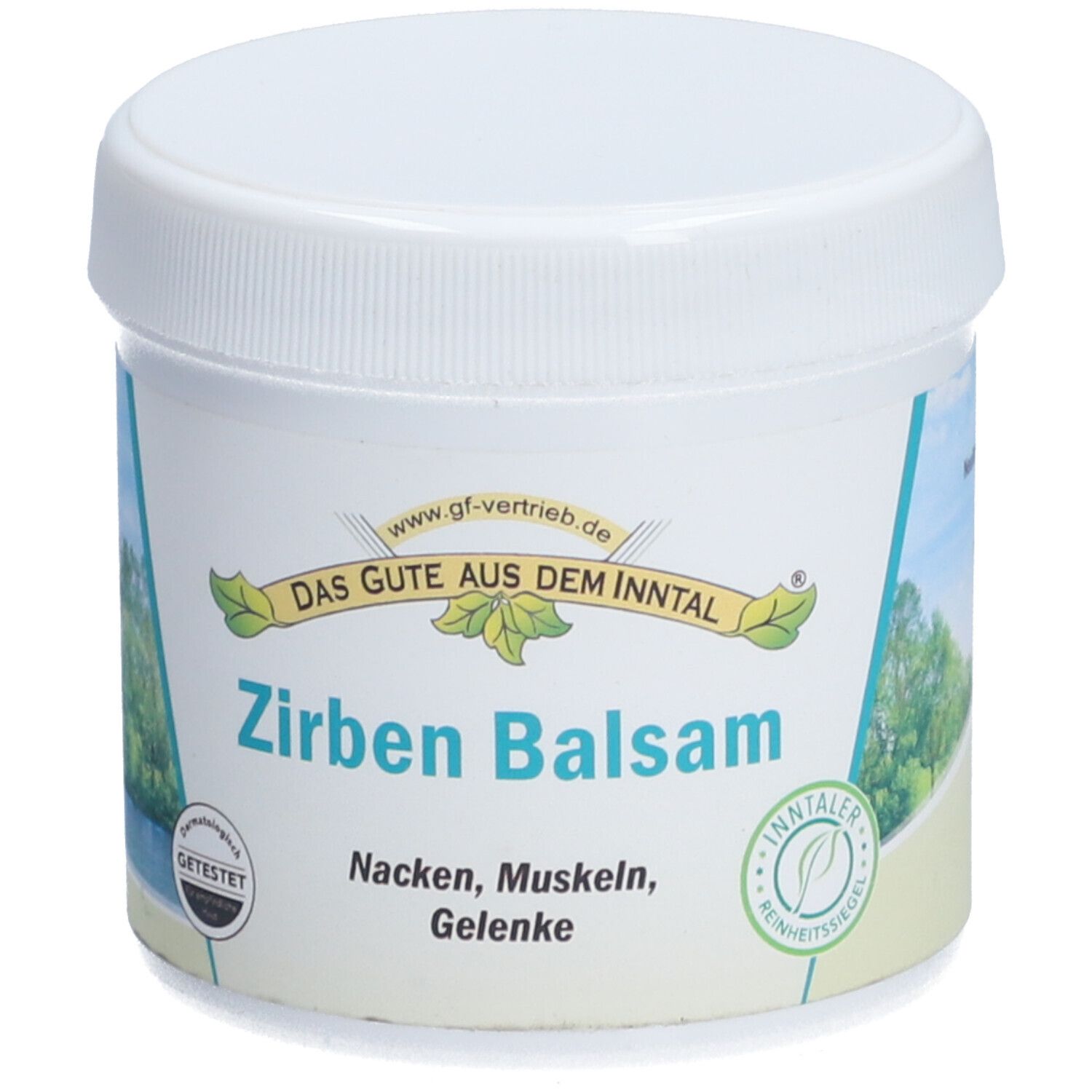 Weißes Tiegel mit Aufschrift Zirben Balsam. Text: Nacken, Muskeln, Gelenke. Logo: Inntaler Reinheitssiegel.